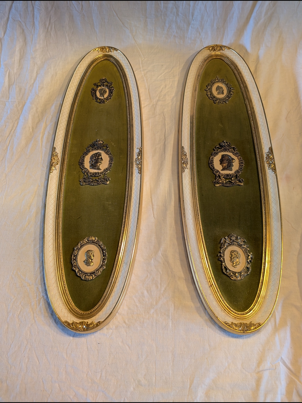 Vintage Olive Green and Brass Oval Cameo Wall Plaques